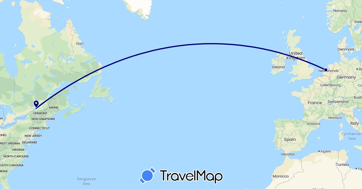 TravelMap itinerary: driving, plane in Canada, Netherlands (Europe, North America)